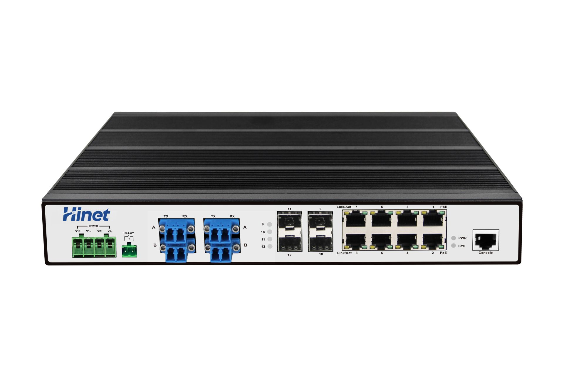 IRS1808F4-BP-8P-DC 8个RJ45口+4个双工LC光纤Bypass光口机架式POE二层管理Bypass工业交换机